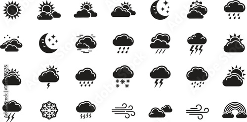 Flat black weather icons and symbols depicting various meteorological conditions in a modern vector style