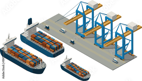 Isometric port logistics illustration with cargo ships and container cranes, maritime shipping transportation and global supply chain concept