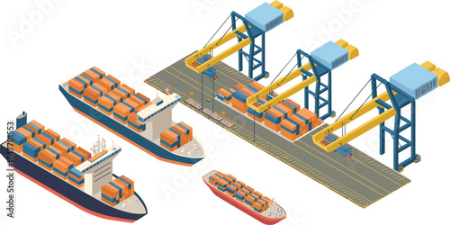 Isometric port logistics illustration with cargo ships and container cranes, maritime shipping transportation and global supply chain concept