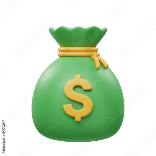 3d green money bag with yellow dollar sign symbol and rope tie isolated transparent background