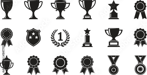 Monochrome flat design vector icon set featuring various awards trophies medals and achievement symbols