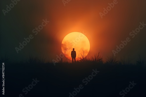 Silhouette of Person Facing Setting Sun Over Field