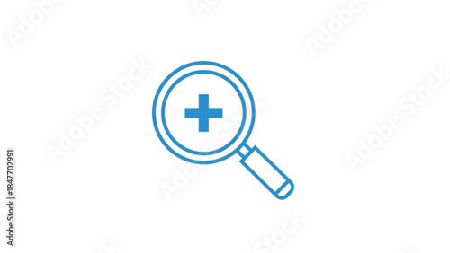 A minimalist blue line art icon of a magnifying glass featuring a plus sign in the center. This clean vector illustration represents zooming in, searching, or increasing details. 