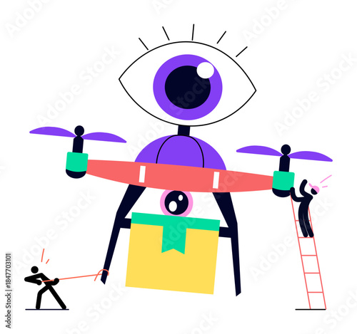 A flat style illustration showing ai drone