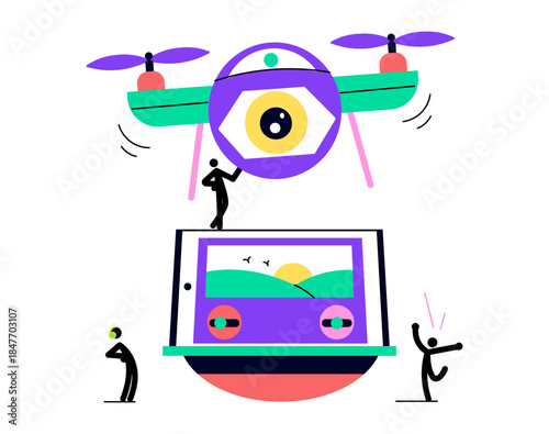 A flat style illustration showing drone camera