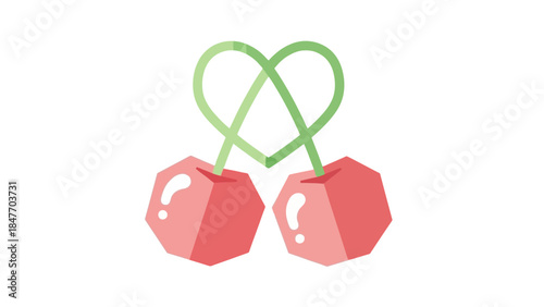 Minimalist Illustration of Two Cherries with Heart-Shaped Green Stems Symbolizing Love and Nature