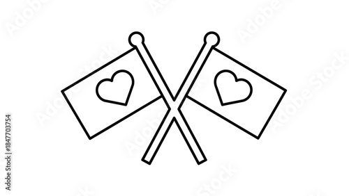 Minimalist Illustration of Two Crossed Flags with Heart Symbols in Black and White