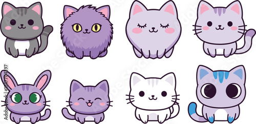 Cute Kawaii Cat Character Set with Fluffy Sitting Kittens and Sweet Expressions in Adorable Flat Cartoon Vector Illustration