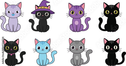 Cute Sitting Cat Character Set with Different Colors and Witch Hat Costume in Adorable Flat Cartoon Vector Illustration