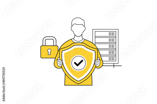Data security protection concept with shield and lock flat minimal vector illustration