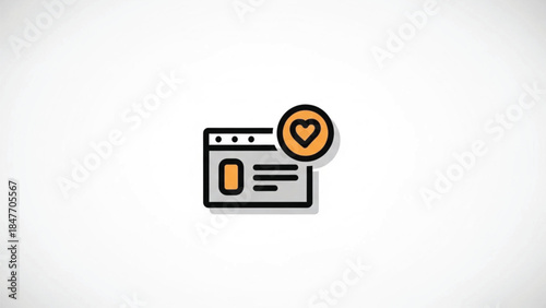 A modern flat line icon of a web browser window featuring a heart symbol in an orange circle. This vector illustration represents favorite websites, bookmarks, social media likes, or online dating.