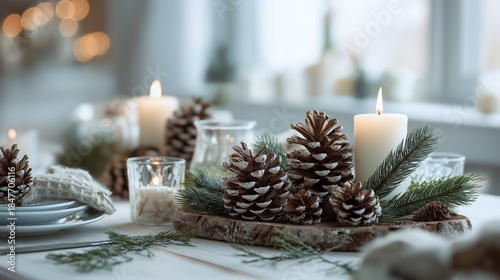 cozy christmas table decoration, pine cone candle centerpiece, minimalist winter holiday table
