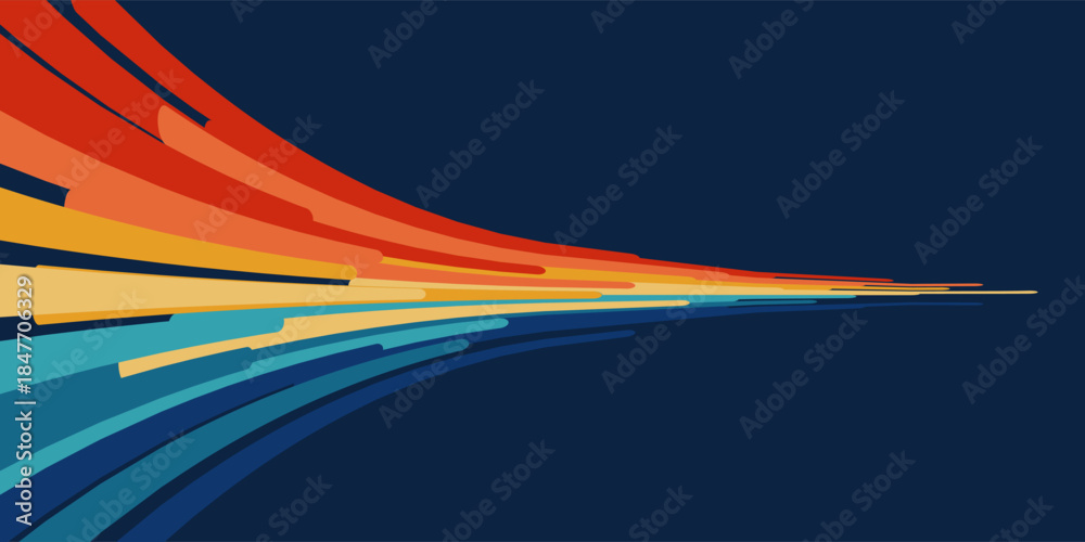 © Hanna - A vibrant 70s-style poster with fast-paced rainbow stripes and curved arrow-shaped perspective lines. A colorful vintage abstract background, a stylish nostalgic vector design for posters and decor © Hanna - A vibrant 70s-style poster with fast-paced rainbow stripes and curved arrow-shaped perspective lines. A colorful vintage abstract background, a stylish nostalgic vector design for posters and decor
