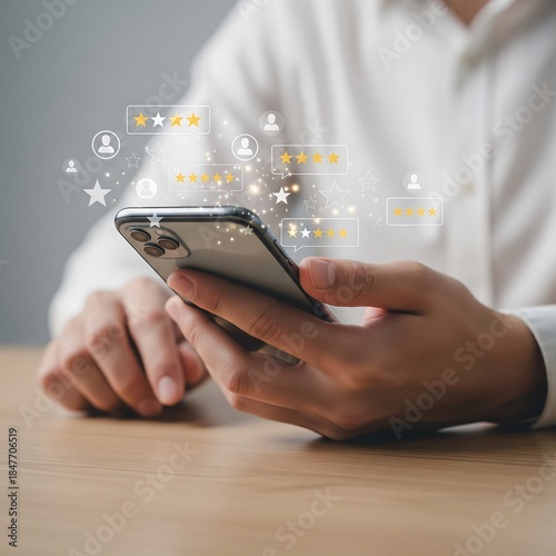Anonymous Hands Holding Smartphone with Abstract Star Ratings