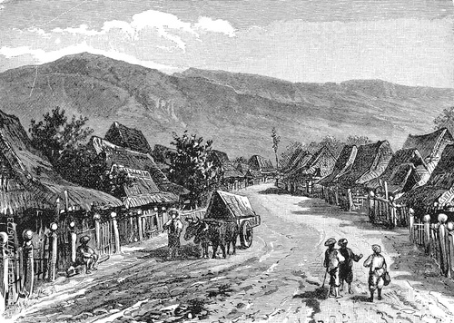 A traditional Kampong village in eastern Sumatra featuring characteristic stilt houses and tropical vegetation, depicting rural Malay architecture and daily life, old vintage illustration, 1899