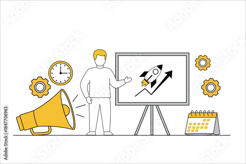 Business growth presentation with rocket chart flat minimal vector illustration