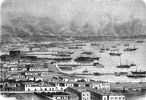 Εκτύπωση καμβά The city of Baku and its bustling harbor on the Caspian Sea, showing the mix of