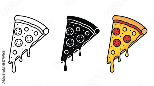 Dripping pepperoni pizza slice icons in three graphic styles