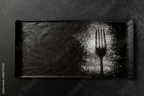 Imprint of a fork with powdered sugar on a black rectangular plate