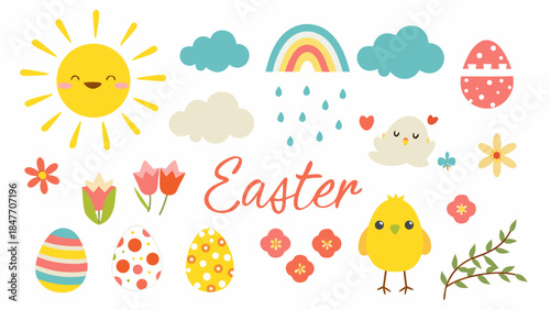 Vibrant Easter celebration elements with eggs, chicks, and flowers