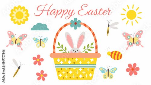 Colorful Easter basket with bunny surrounded by flowers and butterflies