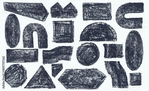 Grunge basic geometric shapes with soft rough texture. Crayon or pastel drawn bold forms and figures with noise charcoal effect. Vector hexagon, circle, oval, rectangle and square for abstract design.