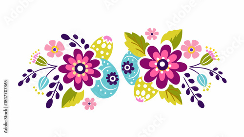 Vibrant Easter eggs and flowers in colorful springtime arrangement