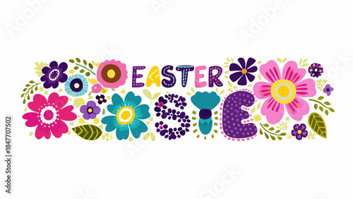 Vibrant Easter egg surrounded by colorful flowers and leaves