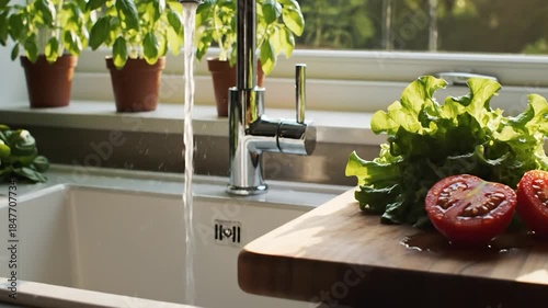 Water flowing from faucet in kitchen with fresh basil plants on windowsill green outdoor view