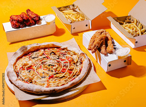 A large pizza topped with red peppers and mushrooms sits alongside crispy chicken wings and golden fries, all arranged in takeout boxes on a vibrant orange surface.