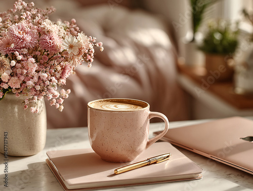 a cozy workspace with a pink ceramic mug filled with coffee, a notebook with a pen, a laptop, and a vase of pink flowers on a wooden table. The background includes a blurred view of a bed with a pink 