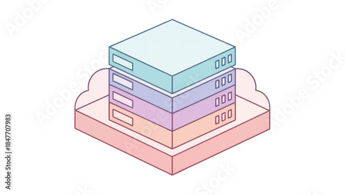 Minimalist Isometric Illustration of a Data Storage Server Rack System in Soft Pastel Colors