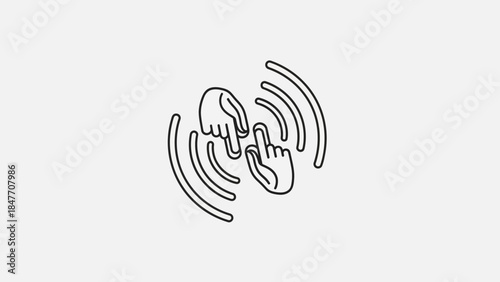 Minimalist Line Art Depicting Two Hands Interacting with Dynamic Waves and Signal Icons