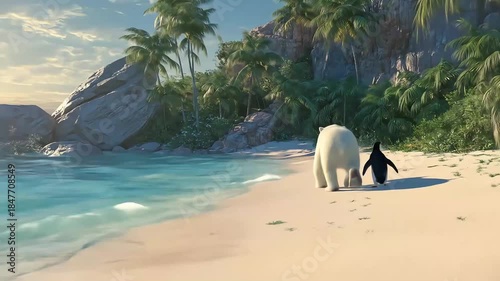 Polar bear and penguin walk along turquoise shores