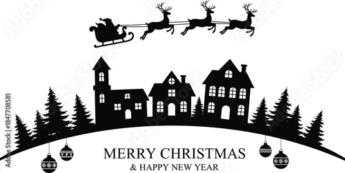 Black silhouette set of Christmas village with Santa Claus sleigh reindeer and winter houses for holiday season flat vector illustration (20 words)