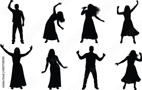 Black silhouette set of people dancing and singing for party music performance and celebration events in flat vector illustration style