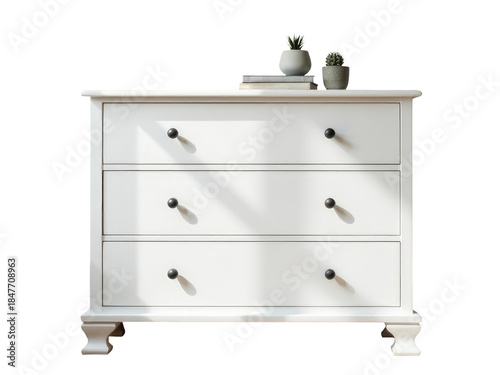 A white dresser with a small potted plant sitting on top, perfect for a minimalist decor or a unique gift.transparent background