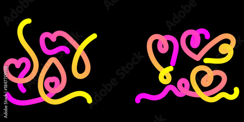 Playful and bright neon line art with heart shapes and swirls in yellow, pink, and orange