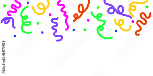 Colorful party confetti and streamers playfully falling on a pristine white background