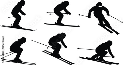 Black silhouette set of skiers in various downhill poses for winter sports competition mountain resort and outdoor activity flat vector illustration