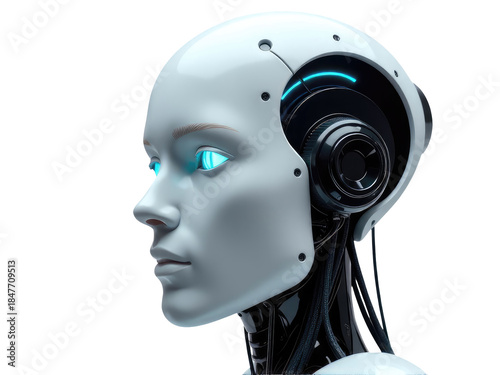 A close-up view of a robot's head with bright blue eyes, perfect for technology or futuristic concepts.transparent background