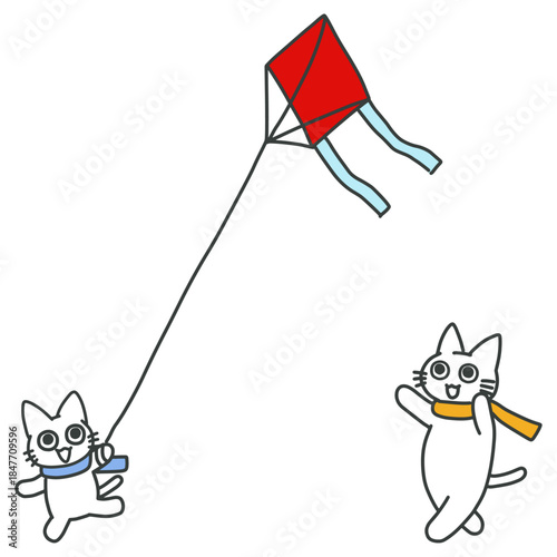 凧揚げをして遊ぶかわいい二匹の白猫のお正月イラスト