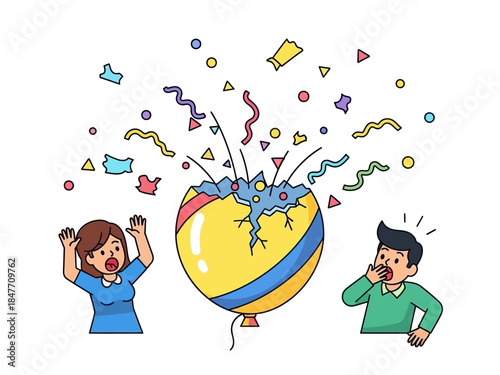 Man and woman surprised by exploding balloon in joyful celebration