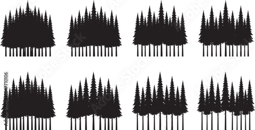 Set of Black Pine Forest Silhouettes Featuring Evergreen Tree Horizons and Fir Treelines for Wilderness Nature Backgrounds and Outdoors