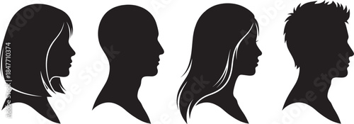 Collection of Black Head Profile Silhouettes of Diverse Men and Women in Side View for Social Media Avatar Identity and Human Resources Concept