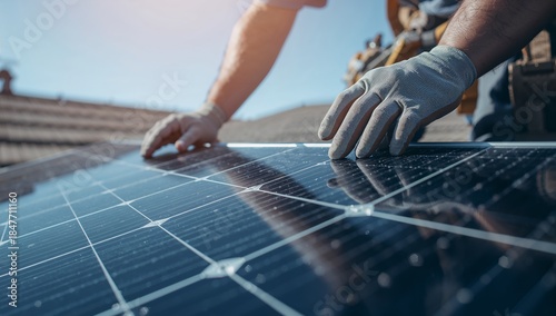 Close up of a technician wearing protective gloves carefully installing or inspecting a photovoltaic solar panel on a rooftop under bright sunlight