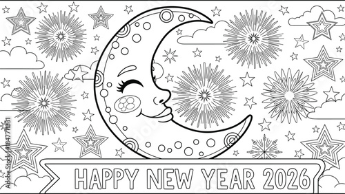Happy New Year 2026 coloring page with crescent moon stars and fireworks, festive holiday outline for kids and adults activity, cad drawing flat vector illustration