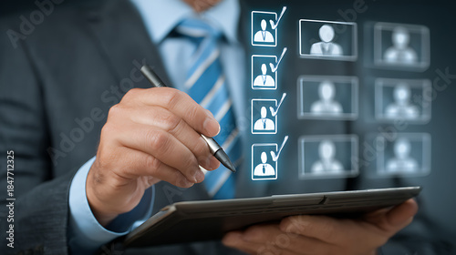 Man selecting candidates from digital list with pen suit tablet