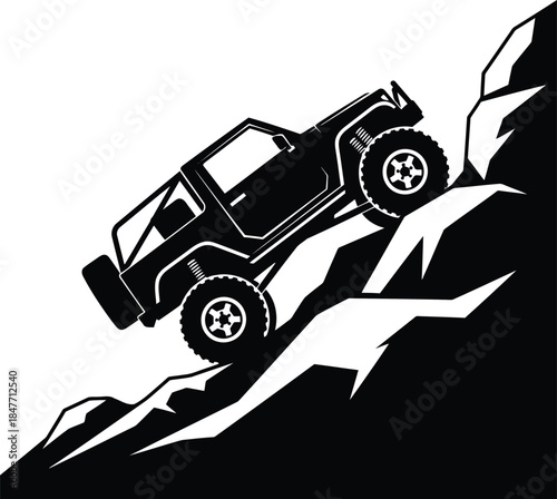 Black off road vehicle climbing steep rocky terrain