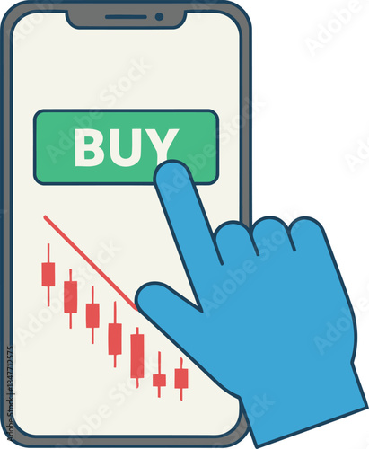 A blue hand taps the buy button on a smartphone displaying a falling stock market graph